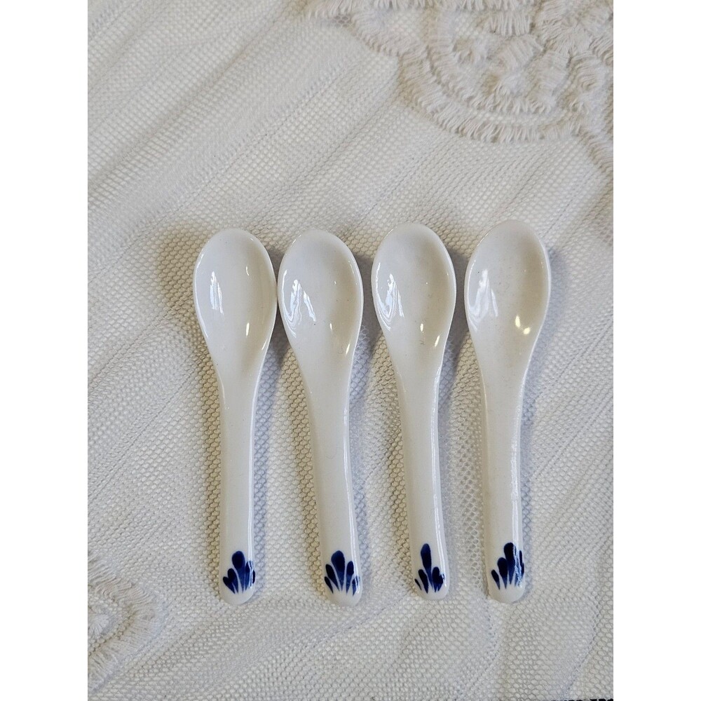 Vintage Porcelain Mini Spoons Blue Floral Set of 4 Small Spoons